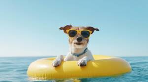 Perro generado por IA con gafas de sol tumbado en un entorno veraniego